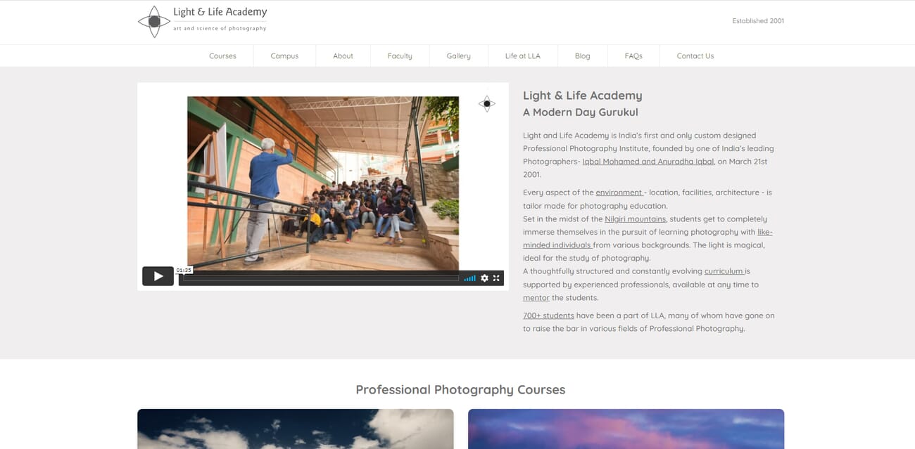 The Light and Life Academy photography program website