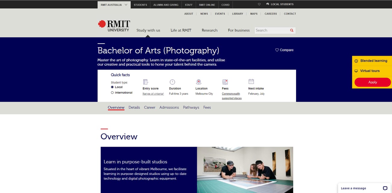 Royal Melbourne Institute of Technology photography program website