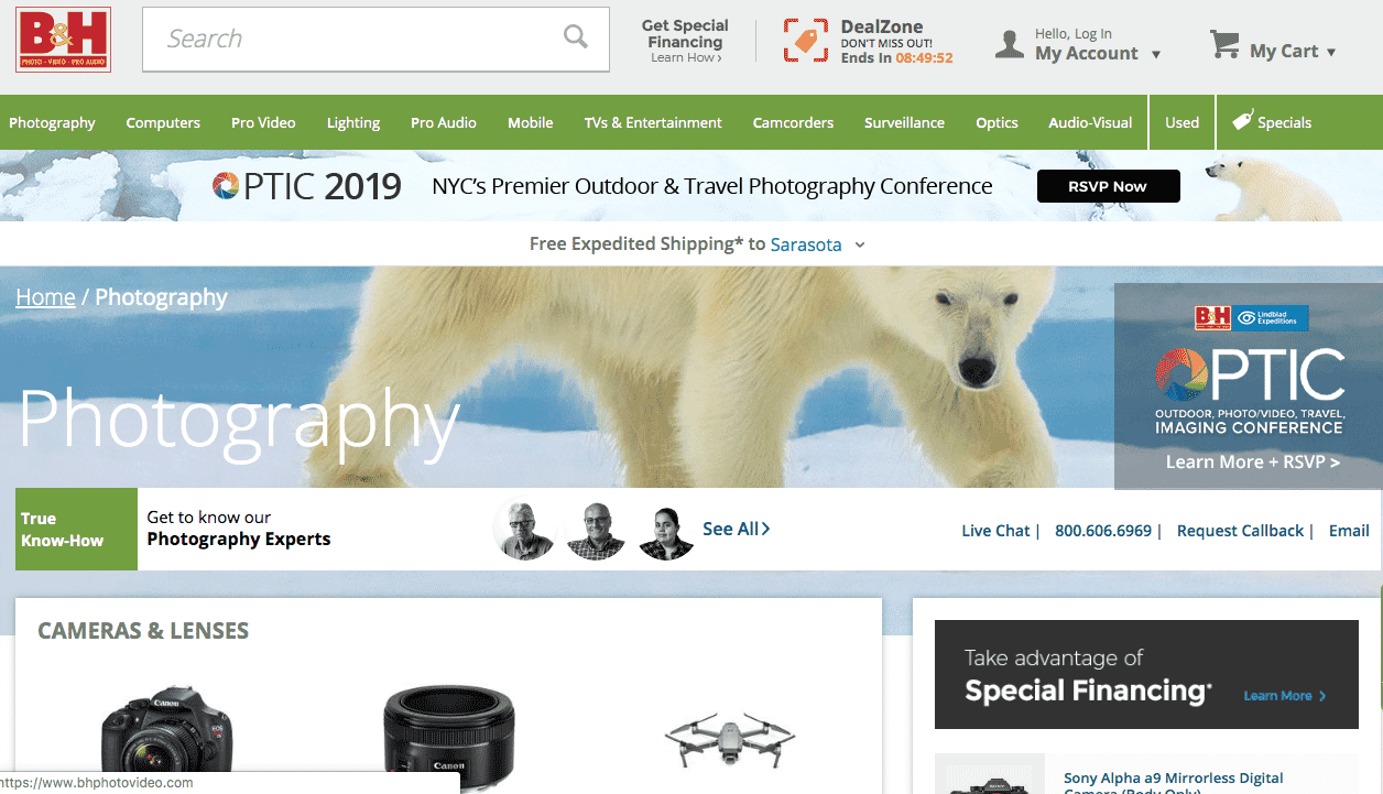 The B&H website is dedicated to all things cameras.