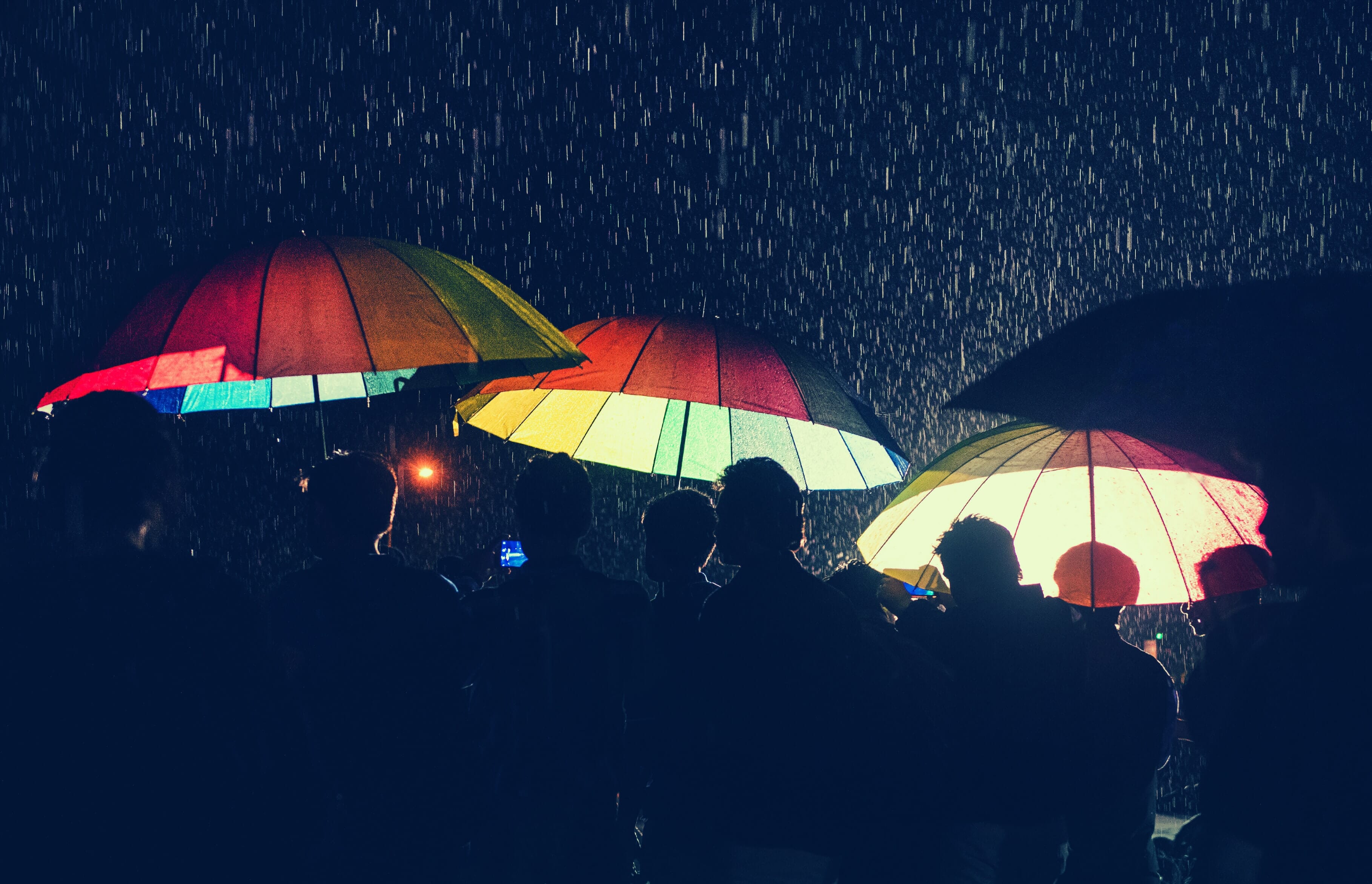 umbrellas with falling rain at a concert