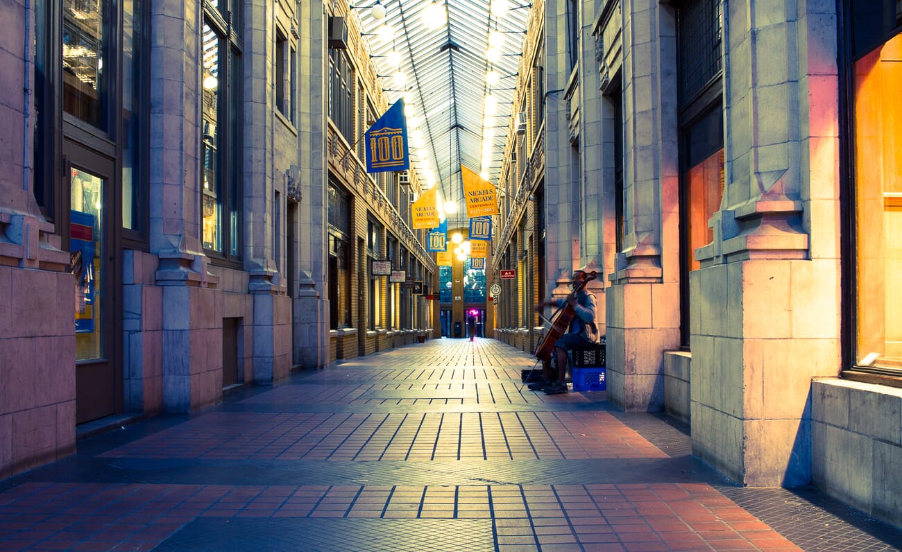 Low light urban landscape captured using a self-timer on a tripod