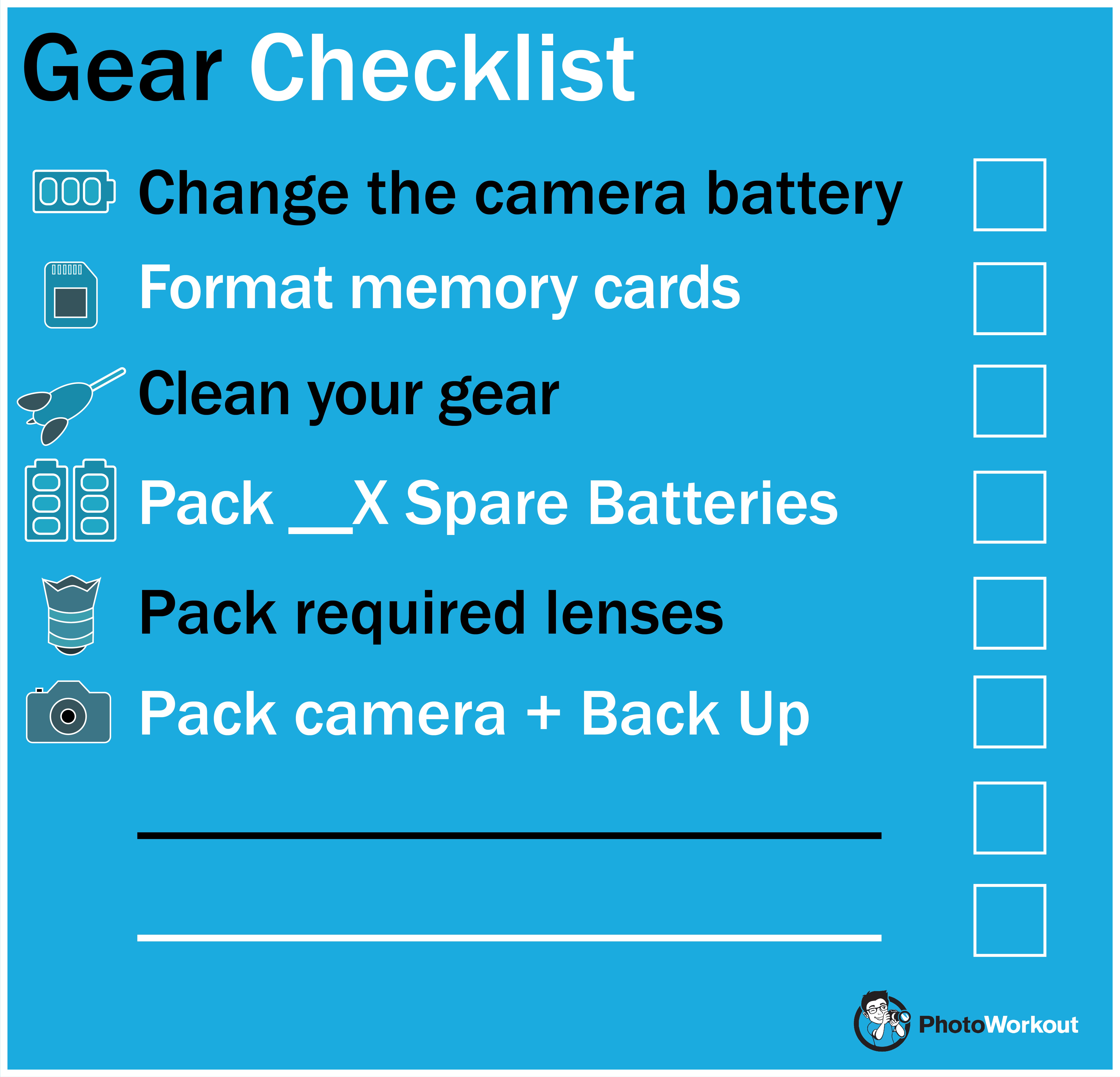 A gear checklist will make sure you're prepared for your photoshoot.