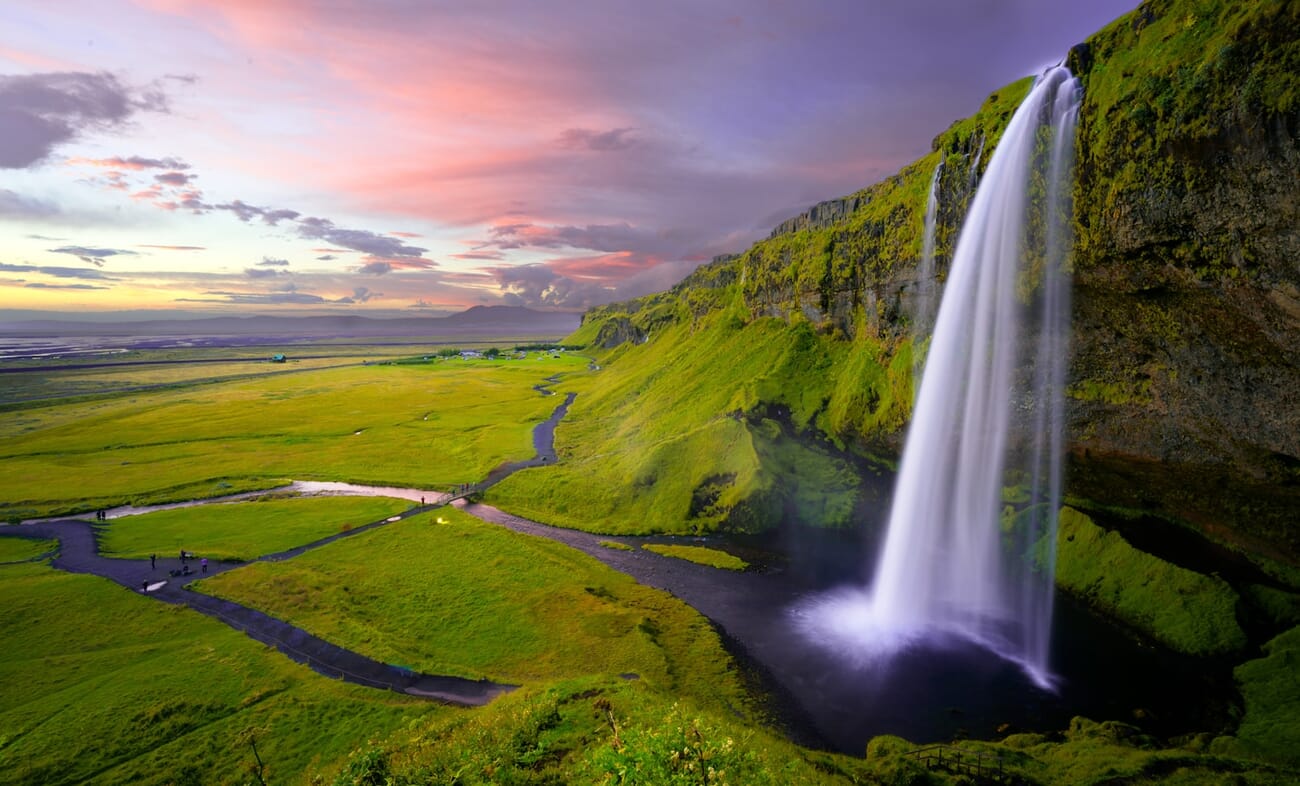 Waterfall at sunset with silky smooth water, shot at f/18 for a slow shutter speed