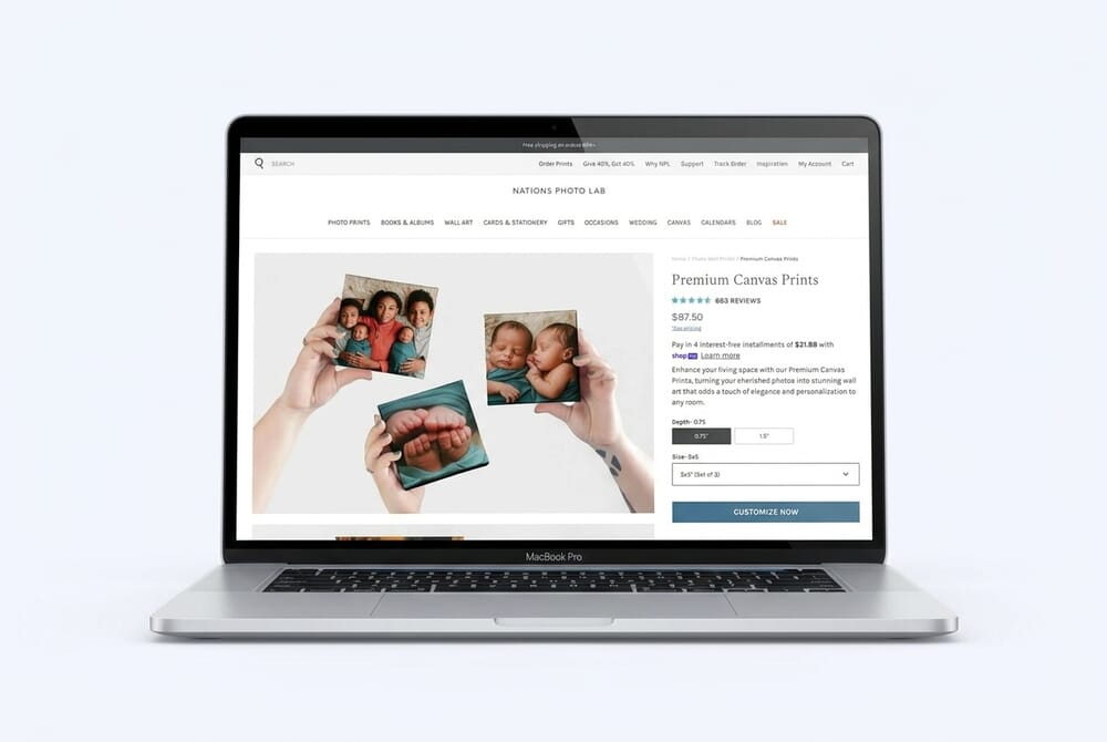 Nations Photo Lab website showing G7-certified canvas prints