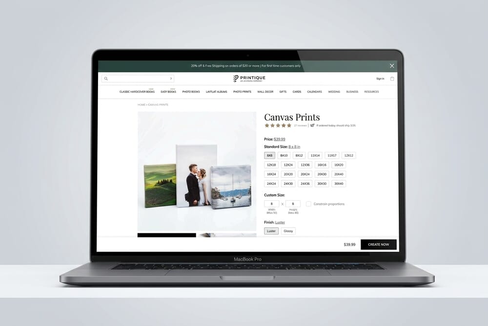 Printique website showing premium canvas print materials and options