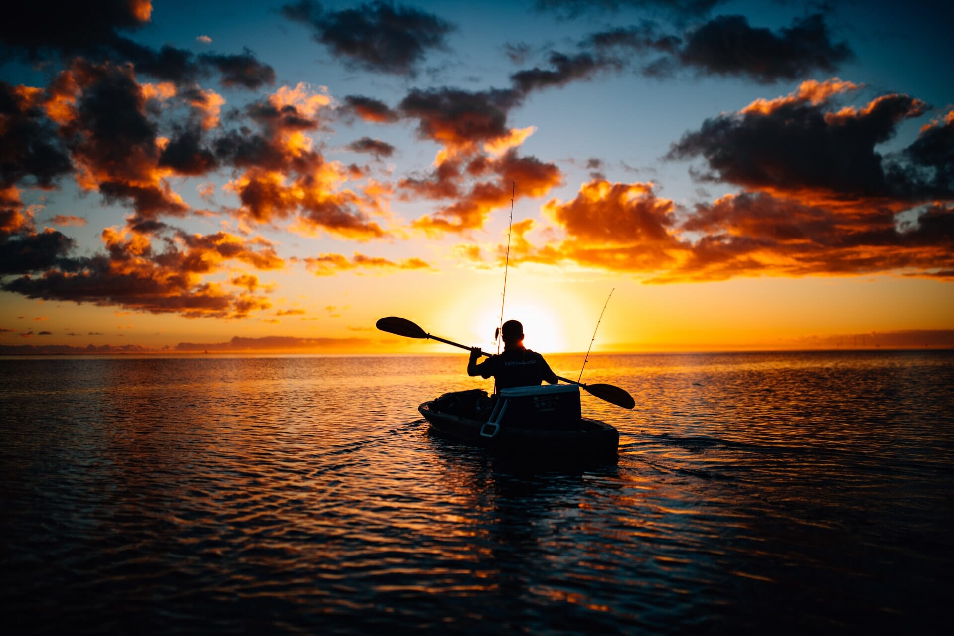 Silhouette of man kayaking at sunrise.