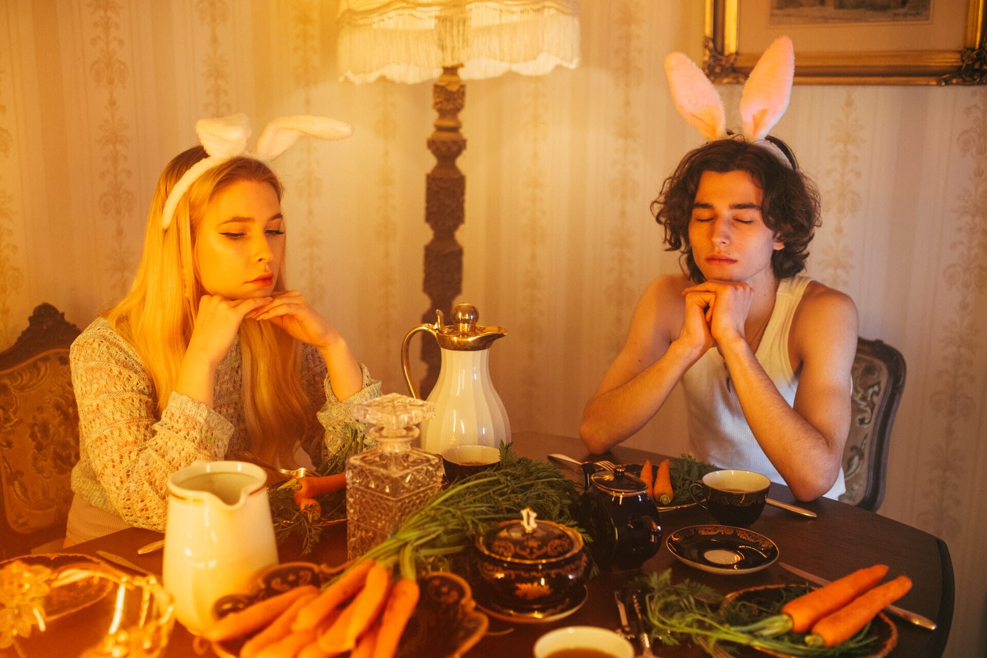Two people having an Easter tea party