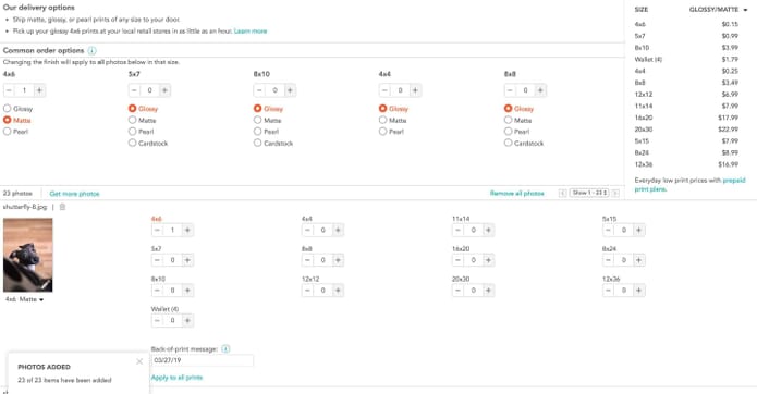 Shutterfly online photo prints interface