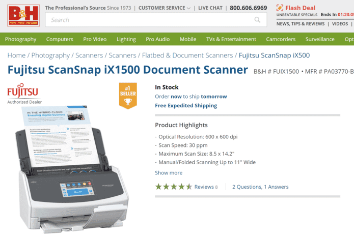 Fujitsu ScanSnap ix1500 on B&H - see product listing