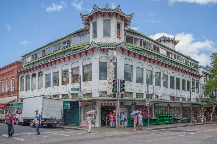 The Wo Fat building is a Chinatown landmark in Honolulu Hawaii