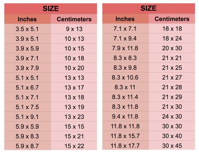 Saal sizing table
