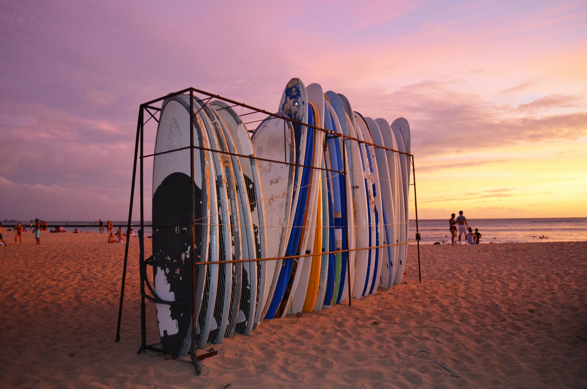 Surfboards lined up at Waikiki Beach, Oahu, Hawaii