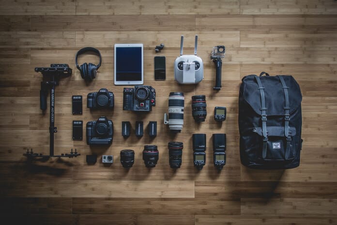 photography gear setup on the floor
