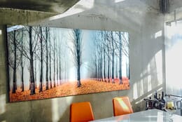 Metal print with bare trees above an orange forest floor hanging on concrete wall in front of table with two orange chairs