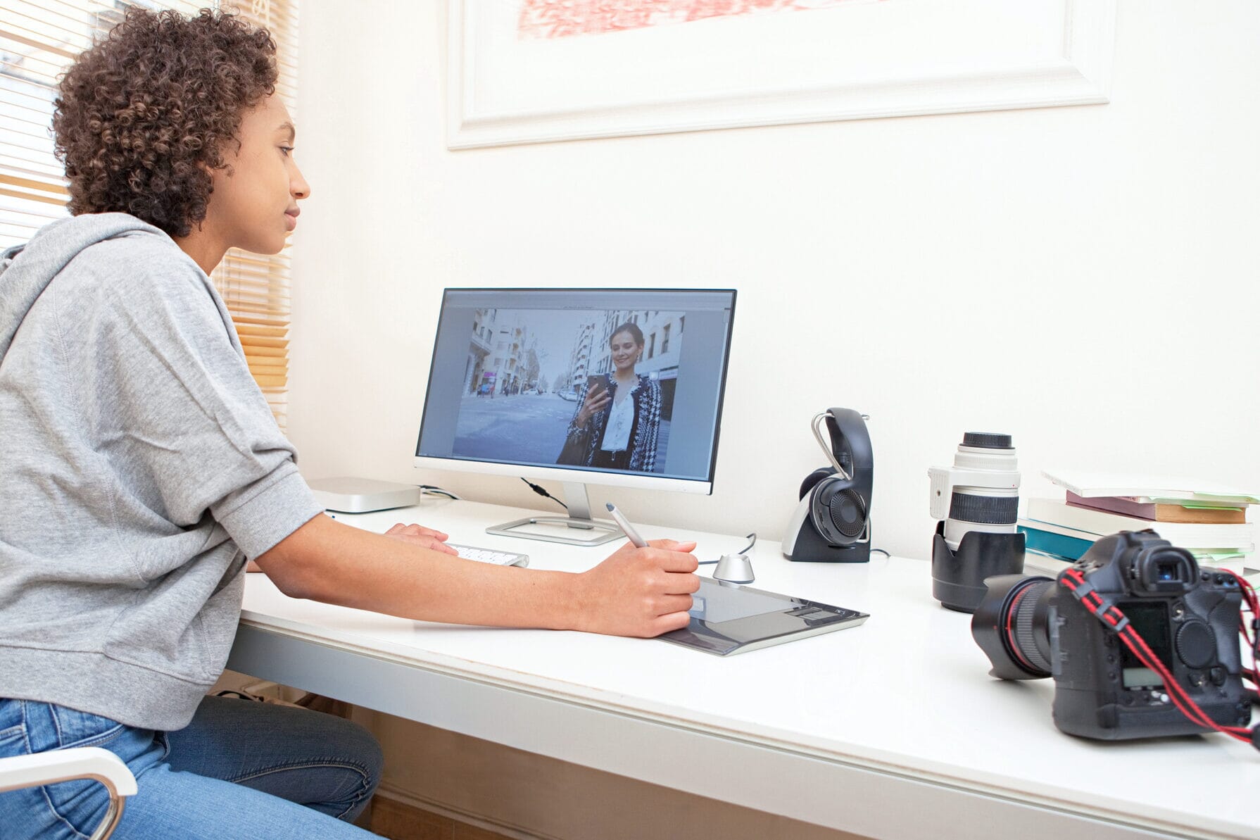 A woman learning photography online