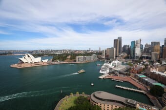 Sydney Opera House and city skyline from the Pylon Lookout in Sydney, Australia