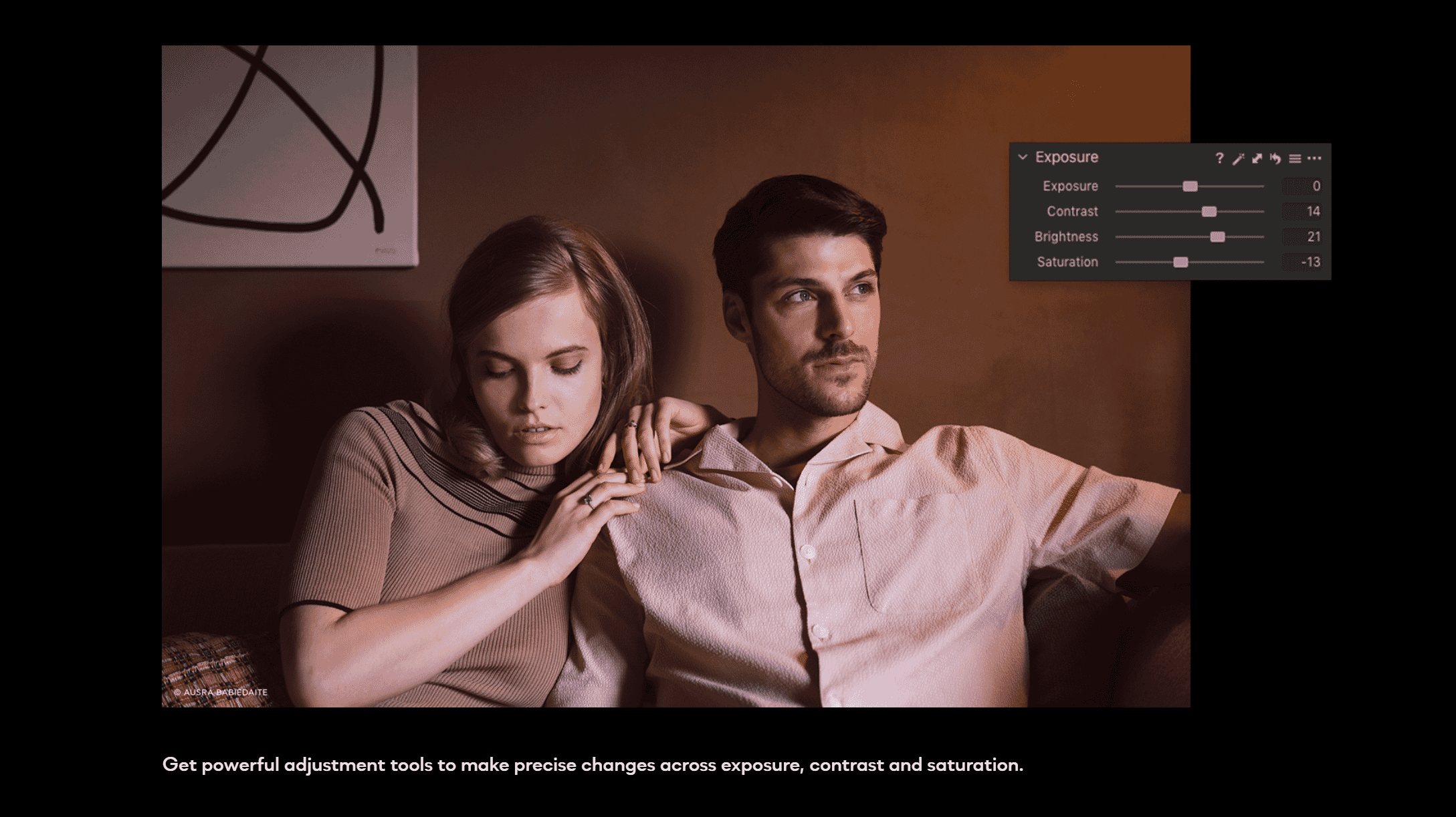 Capture One website page showing an image of a couple with Exposure adjustment sliders.