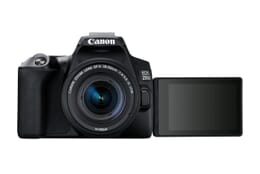The Canon EOS Rebel SL3 front view with an 18-55mm lens and the screen flipped out.