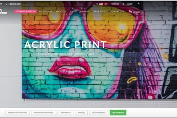 Pictorem acrylic print product page with a large print of a painted brick wall.