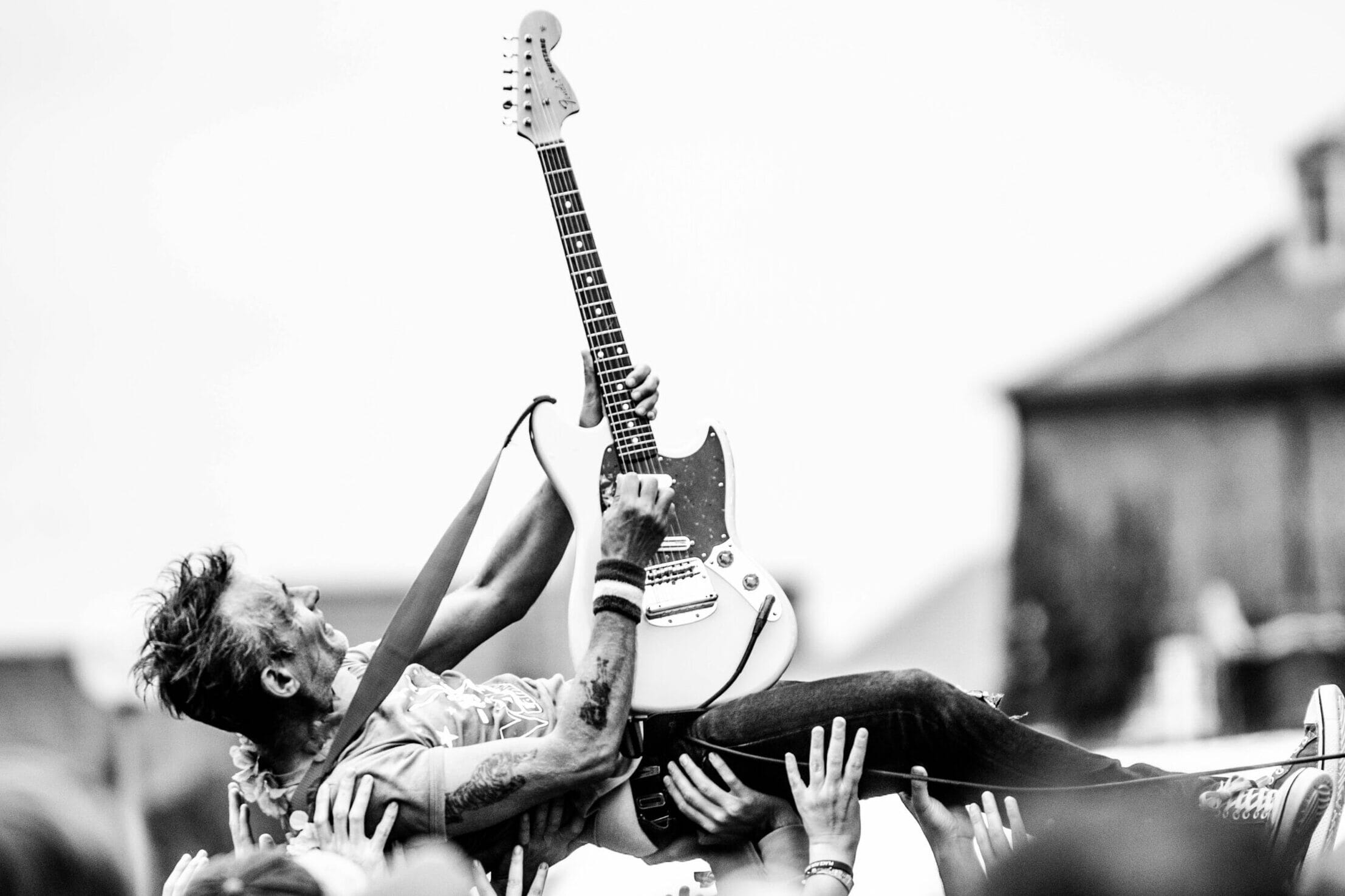 Band performing with fans