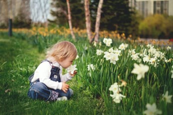 Small child smelling flowers outdoors.