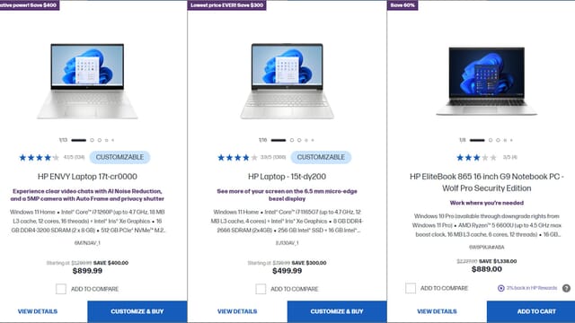 Several HP laptops on the HP website with sales information.