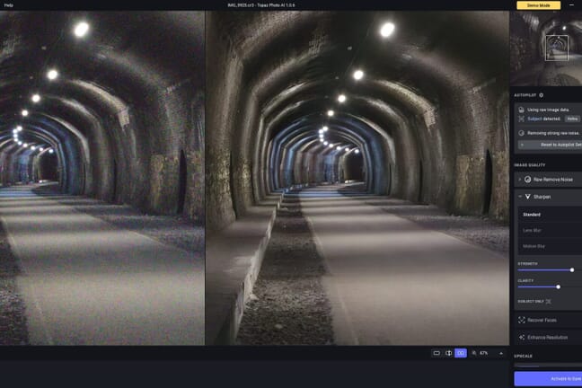 Long tunnel image before and after noise reduction in Topaz Photo AI