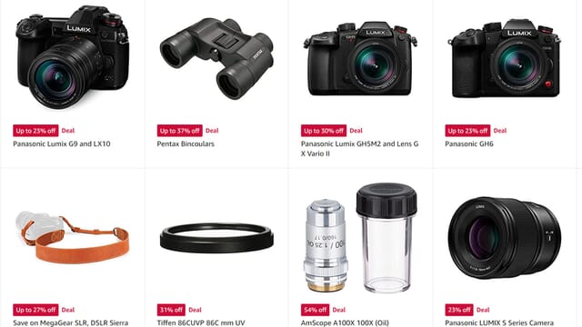 Amazon Black Friday deals page showing cameras, lenses, filters, and more.