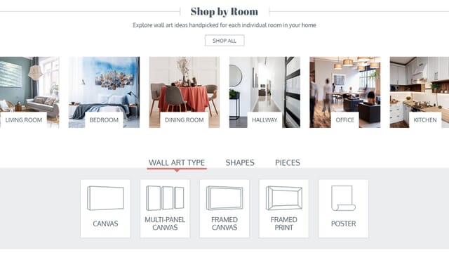 ElephantStock home page displaying various shopping options based on the wall art type and the room.