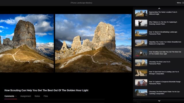 The iPhone Landscape Mastery video covering scouting and golden hour light showing a mountain.