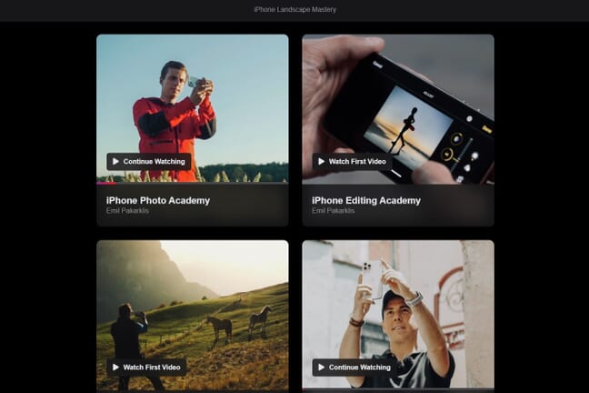 The iPhone Photography School course dashboard with available classes, including iPhone Photo Academy.