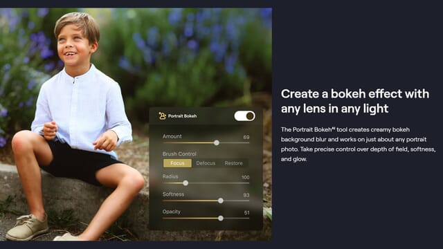Luminar Neo sales page showing a boy sitting on a log with beautiful background bokeh.