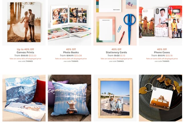 Nations Photo Lab website page displaying various deals on canvas prints, photo books, and more.