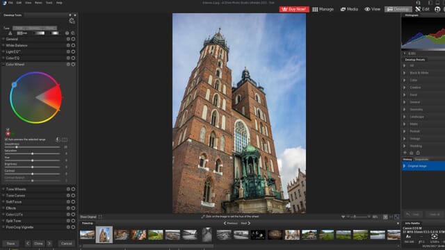 ACDSee Photo Studio Ultimate Develop module with presets on the right, a color wheel on the left, and a brown cathedral photo in the center.