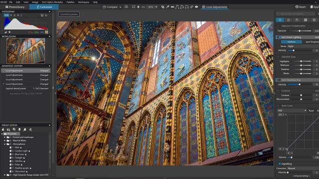 DxO PhotoLab 6 editing interface with tools on the right, other panels on the left, and a colorful cathedral ceiling image in the center.