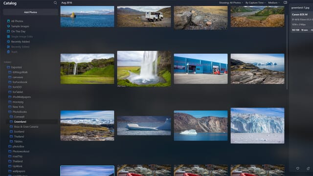 Luminar Neo catalog showing thumbnails of images from Greenland including shots of icebergs and waterfalls.