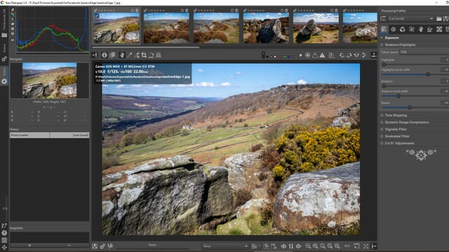 The RawTherapee editing screen with image thumbnails at the top, sliders on the right, and an image of the UK countryside in the center.