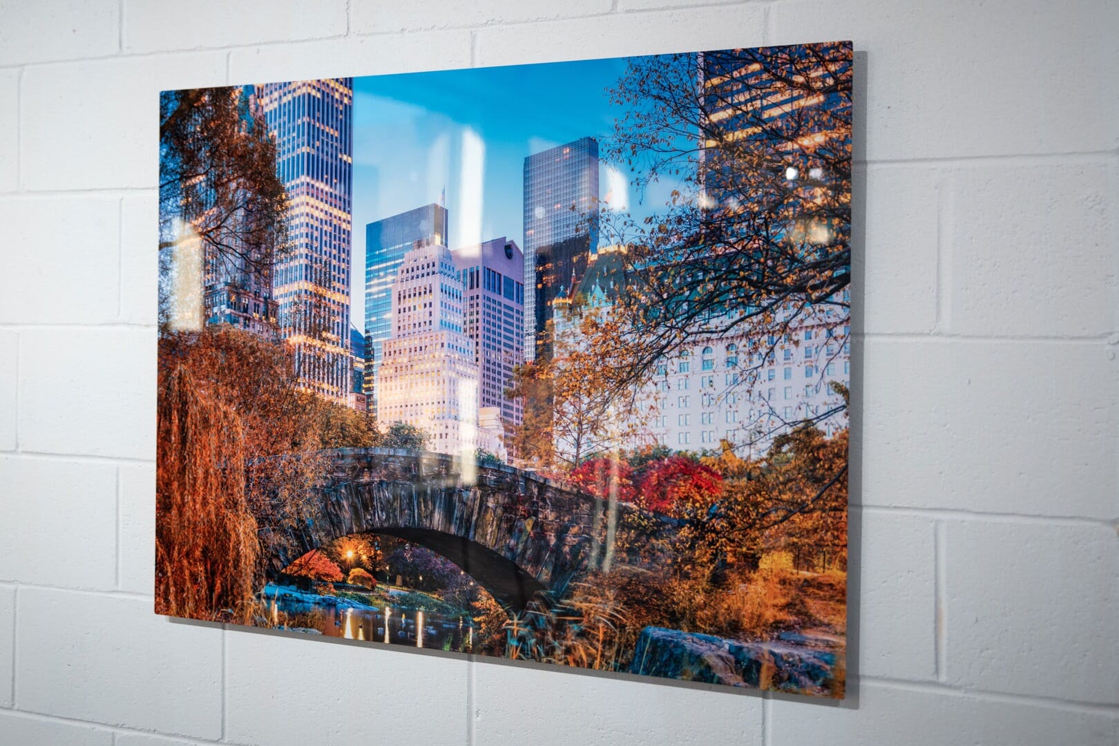 Dye sublimation ChromaLuxe HD metal print showing a park, a bridge, and buildings.