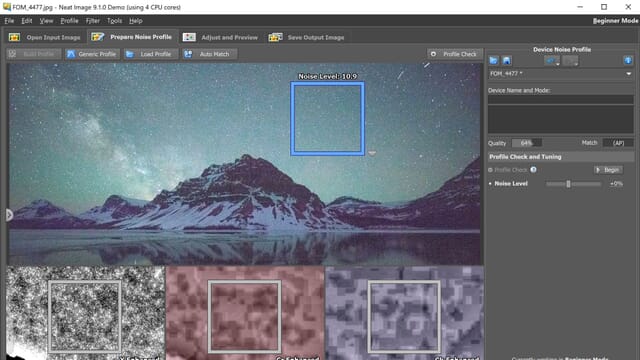 Neat Image main window with a Device Noise Profile panel and a night landscape photo positioned above noise reduction previews.