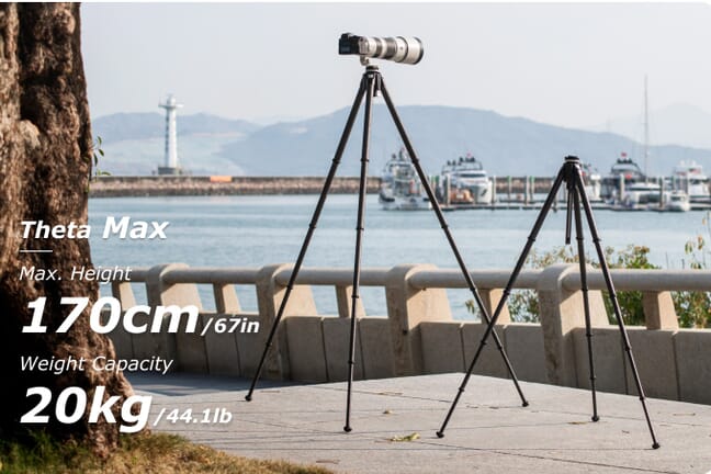 Theta Max and Theta tripods standing on a pathway with docked boats and mountains in the background.