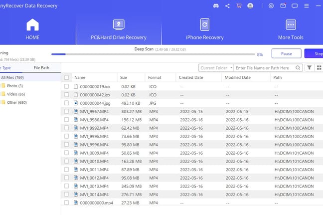 An SD card scan in the AnyRecover Data Recovery program showing recovered files.