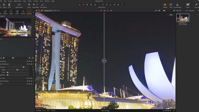 Capture One Pro 23 Noise Reduction sliders next to a magnified urban nightscape image split by a before/after slider.