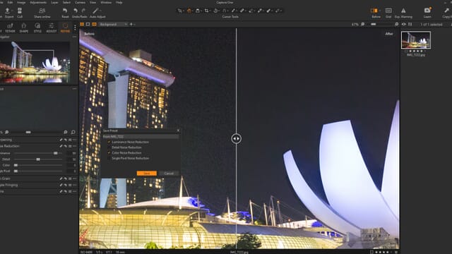 Capture One Pro 23 displaying a magnified urban nightscape image and the Save Preset dialog box.