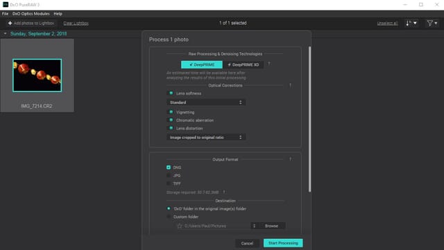 DxO PureRAW 3 interface with the dialog box for the DeepPRIME processing.