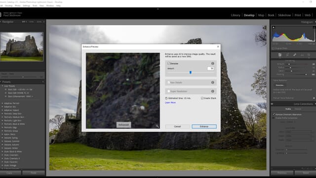 Lightroom Develop module with the Enhance Preview dialog box open and Denoise selected.