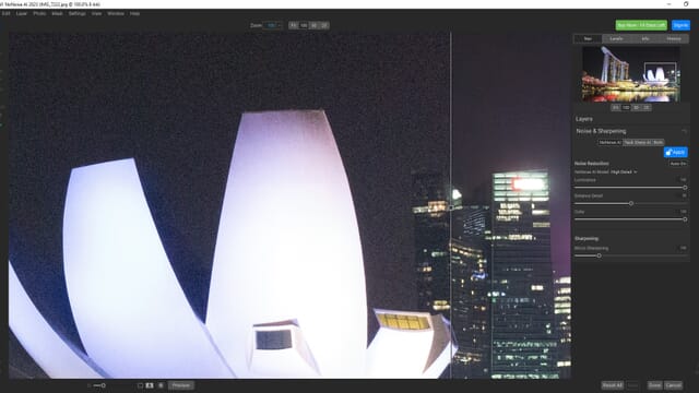 ON1 NoNoise AI noise reduction software main window with a before/after slider splitting a magnified urban nightscape image.