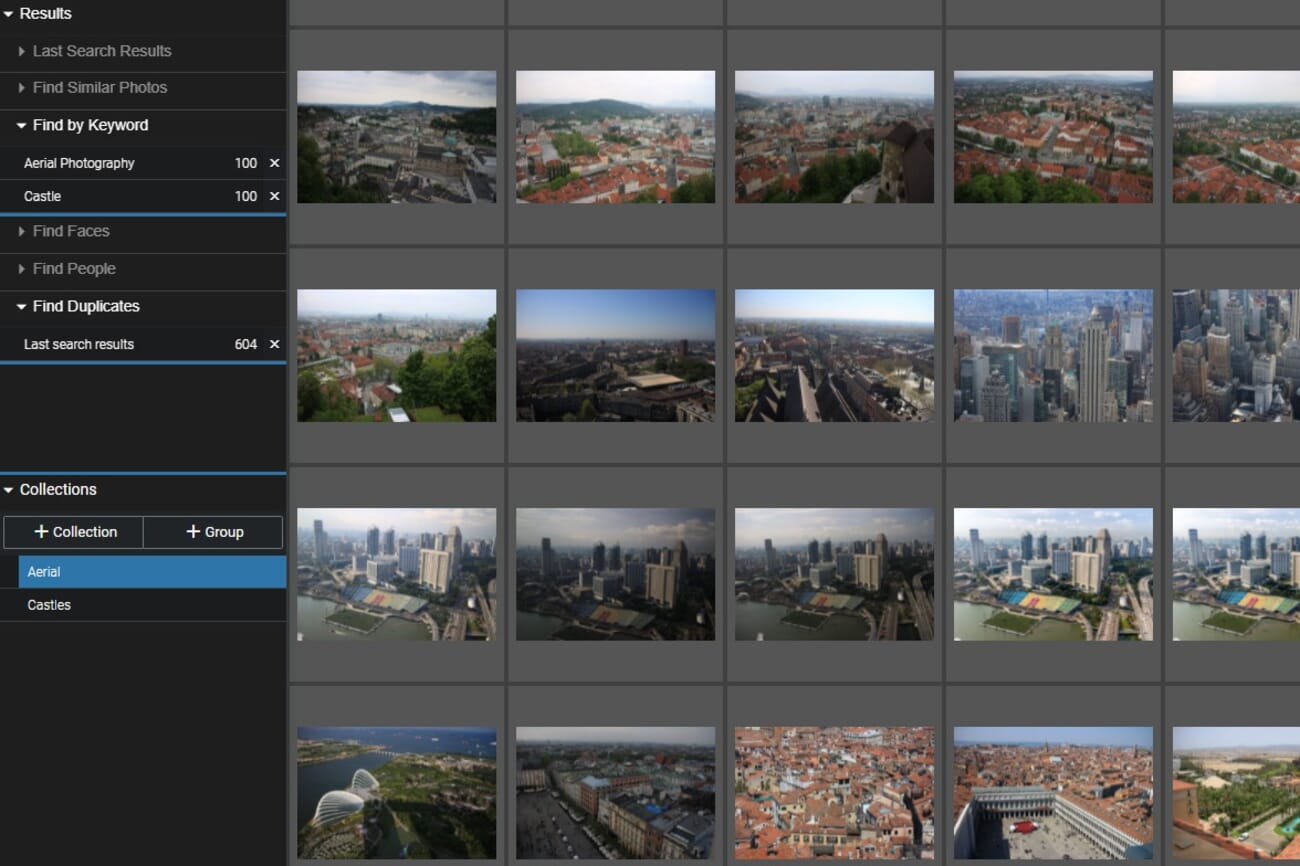 Excire Foto collections panel showing aerial photography collection