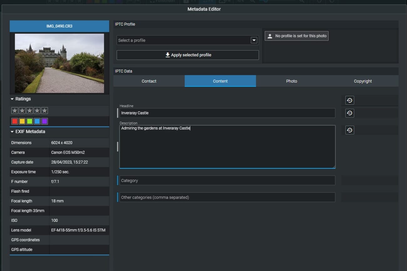 Excire Foto metadata editor panel