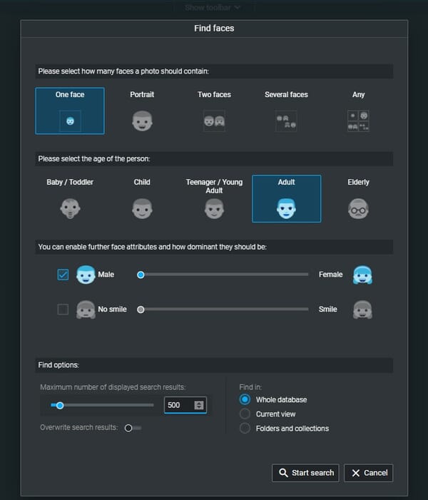 Excire Foto face search dialog