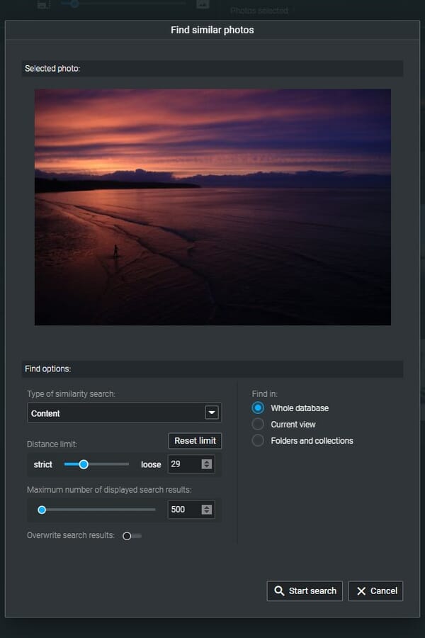 Excire Foto similarity search options
